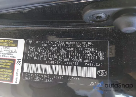 2009 Toyota Camry Le from USA, damaged, VIN 4T4BE46K19R136719